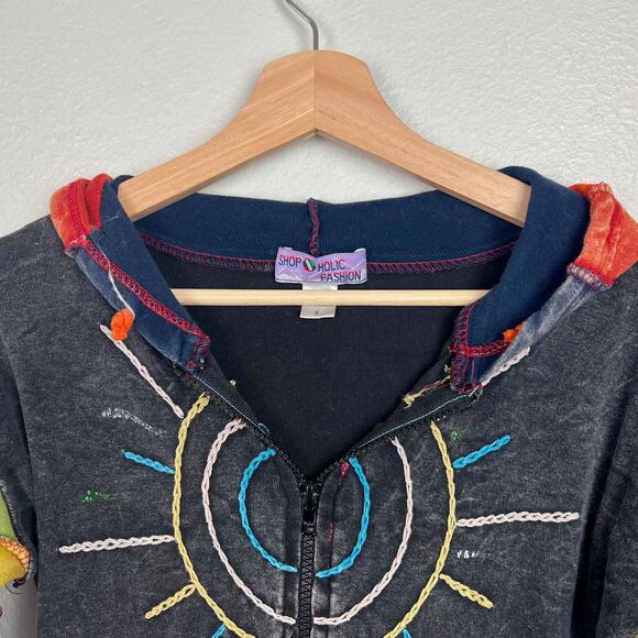 Shopoholic Fashion Women's Small Colorful Boho Y2K Patchwork Full Zip Hoodie - Picture 2 of 11